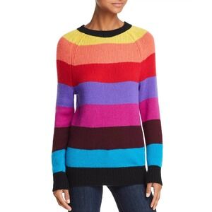 AQUA Cashmere Pullover Sweater Rainbow Stripe Raglan Crew Neck Multicolor Size S